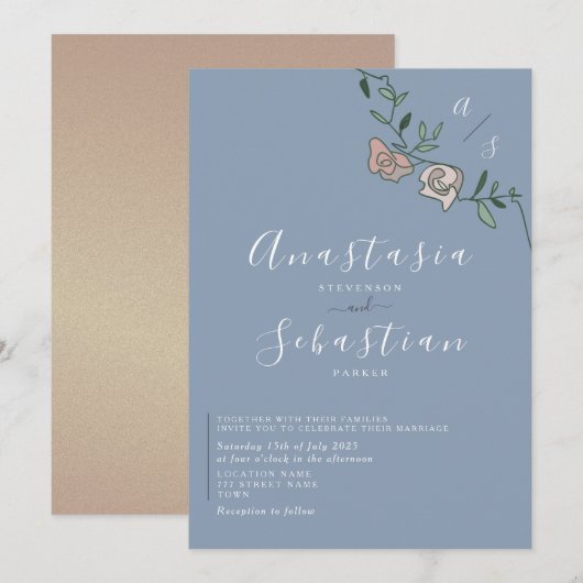 Dusty Blue Roos Gold Pink Floral Wedding Kaart (Voorkant / Achterkant)