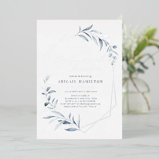 Dusty Blue Roos Gold Rustic Rehearsal Dinner Folie Folie Uitnodiging (Staand Voorkant)