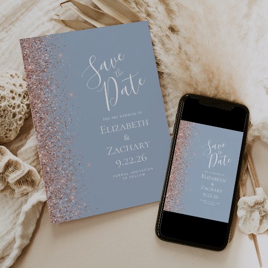 Dusty Blue Roos Gold Save the Date Aankondiging