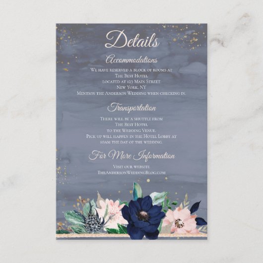 Dusty Blue Roos Gold Waterverf - Floral - Gegevens Informatiekaartje (Voorkant)