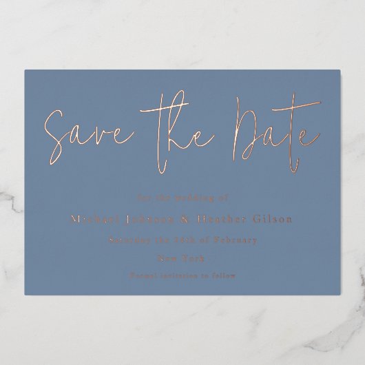 Dusty Blue & Roos Gold Wedding Save the Date Folie Uitnodiging (Voorkant)