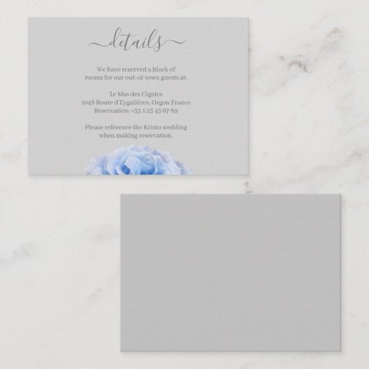 Dusty Blue Roos Grey Floral Wedding Hotel Details Informatiekaartje (Voorkant / Achterkant)