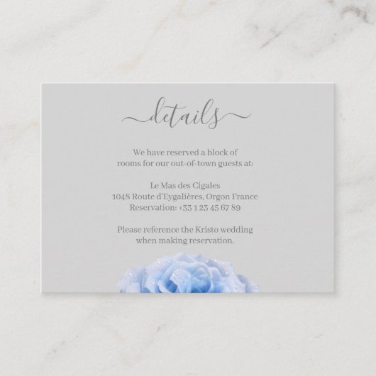 Dusty Blue Roos Grey Floral Wedding Hotel Details Informatiekaartje (Voorkant)