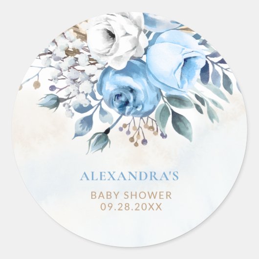 Dusty Blue Roos in Bloom Spring Summer Baby shower Ronde Sticker (Voorkant)