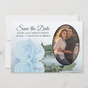 Dusty Blue Roos met ovale foto romantische bruilof Save The Date