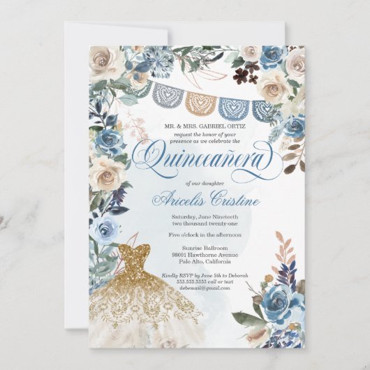 Dusty Blue Roos Papel Picado Country Quinceañera Kaart (Voorkant)