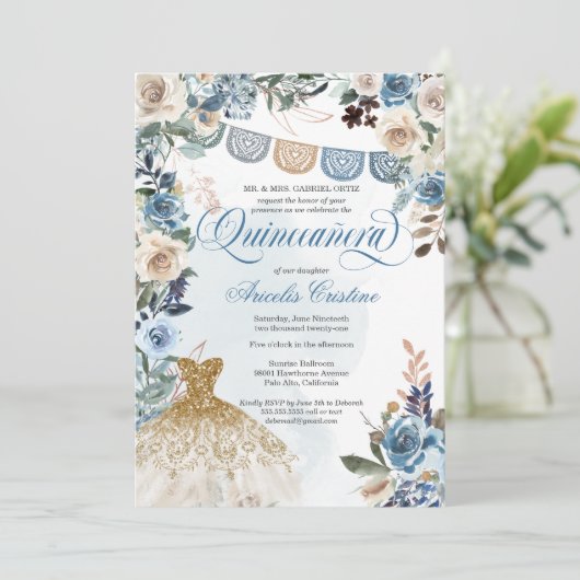 Dusty Blue Roos Papel Picado Country Quinceañera Kaart (Staand voorkant)