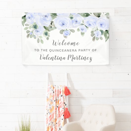 Dusty Blue Roos Quinceanera Party Welkom Spandoek (Insitu)