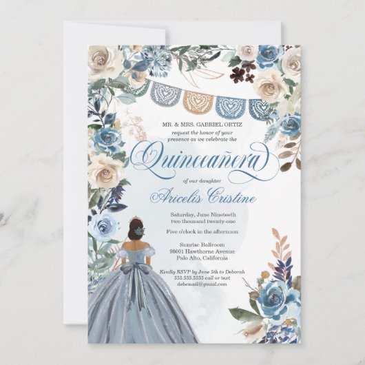 Dusty Blue Roos Rustic Country Quinceañera Invitat Kaart (Voorkant)