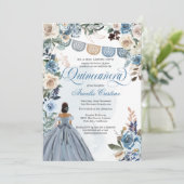 Dusty Blue Roos Rustic Country Quinceañera Invitat Kaart (Staand voorkant)