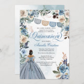 Dusty Blue Roos Rustic Country Quinceañera Invitat Kaart (Voorkant / Achterkant)