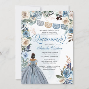 Dusty Blue Roos Rustic Country Quinceañera Invitat Kaart