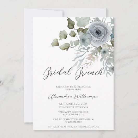 Dusty Blue Roos Waterverf Vrijgezellenfeest Brunch Kaart (Voorkant)