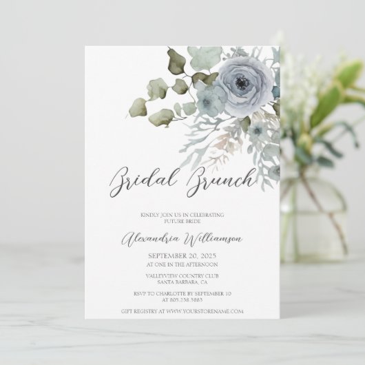 Dusty Blue Roos Waterverf Vrijgezellenfeest Brunch Kaart (Staand voorkant)