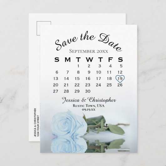 Dusty Blue Roos Wedding Calendar Save the Date Aankondigingskaart (Voorkant / Achterkant)