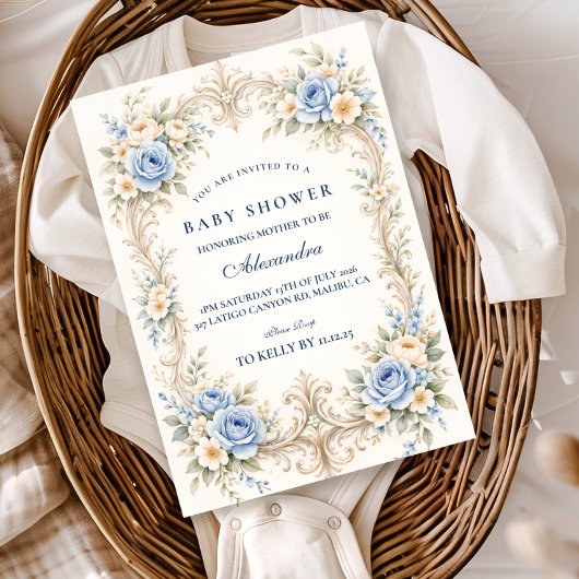 Dusty Blue Rose Baroque Baby Shower Kaart
