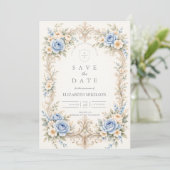 Dusty Blue Rose Baroque Quinceañera Save The Date (Staand voorkant)