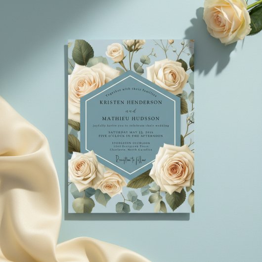Dusty Blue Rose Botanical Wedding Kaart