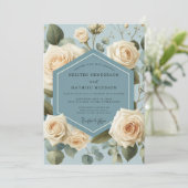 Dusty Blue Rose Botanical Wedding Kaart (Staand voorkant)
