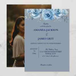 Dusty Blue Rose Floral Photo Back Wedding  Kaart