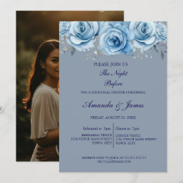 Dusty Blue Rose Floral Photo Rehearsal Dinner  Kaart