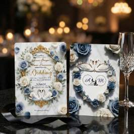 Dusty Blue Rose Marble Swan Fairytale Wedding Kaart