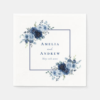 Dusty Blue Rose Navy Floral Elegant Wedding Servet