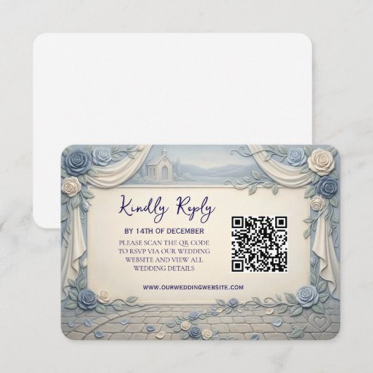 Dusty Blue Rose QR Code Wedding  RSVP Kaartje (Voorkant / Achterkant)