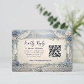 Dusty Blue Rose QR Code Wedding  RSVP Kaartje (Staand voorkant)