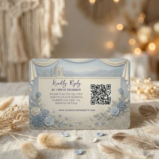Dusty Blue Rose Romantic Wedding QR Code  RSVP Kaartje