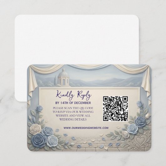 Dusty Blue Rose Romantic Wedding QR Code  RSVP Kaartje (Voorkant / Achterkant)