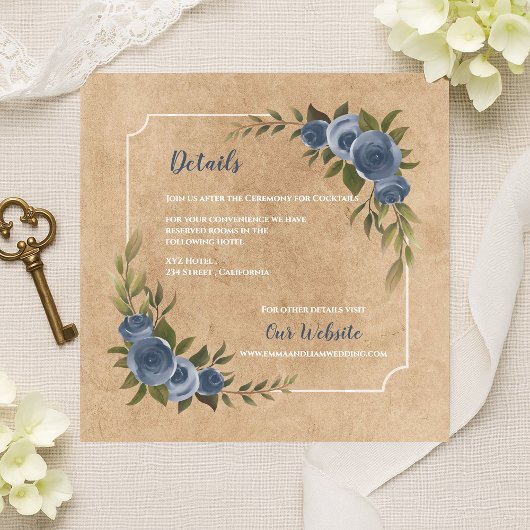 Dusty Blue Rose Rustic Kraft Wedding Details Informatiekaartje