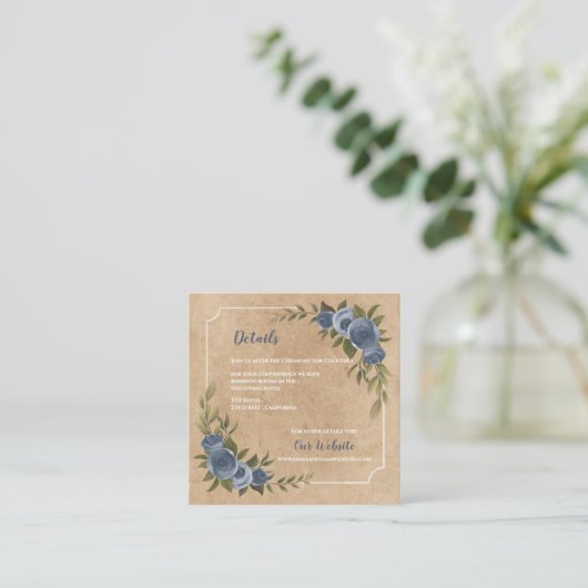 Dusty Blue Rose Rustic Kraft Wedding Details Informatiekaartje (Staand voorkant)