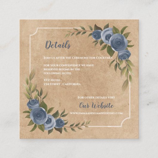 Dusty Blue Rose Rustic Kraft Wedding Details Informatiekaartje (Voorkant)