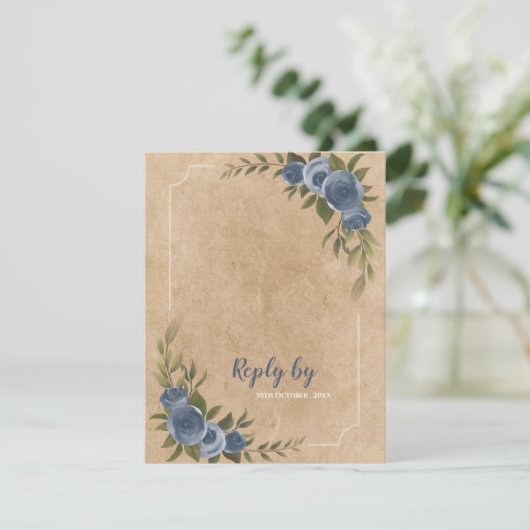 Dusty Blue Rose Rustic Wedding With QR Code RSVP Kaartje (Staand voorkant)