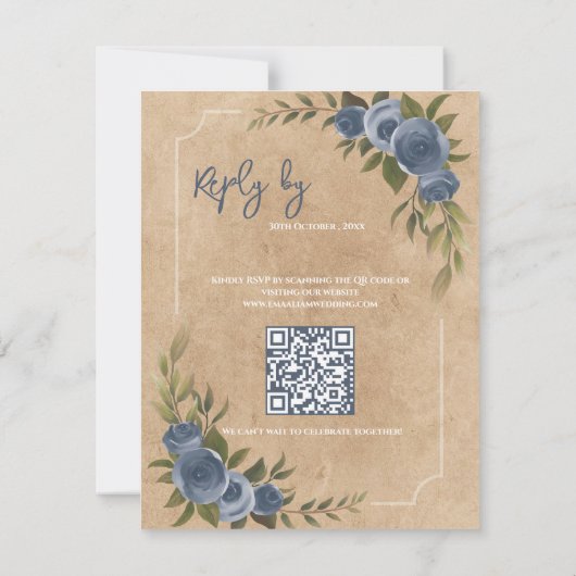 Dusty Blue Rose Rustic Wedding With QR Code RSVP Kaartje (Achterkant)