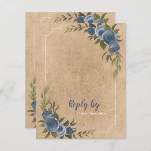 Dusty Blue Rose Rustic Wedding With QR Code RSVP Kaartje (Voorkant / Achterkant)