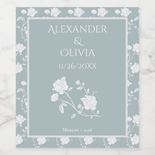 Dusty Blue Rose Wedding Wine Label Wijn Etiket (Enkel label)