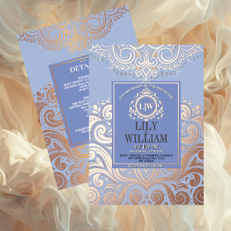 Dusty Blue RoseGold Classic Monogram Boho Wedding Folie Uitnodiging