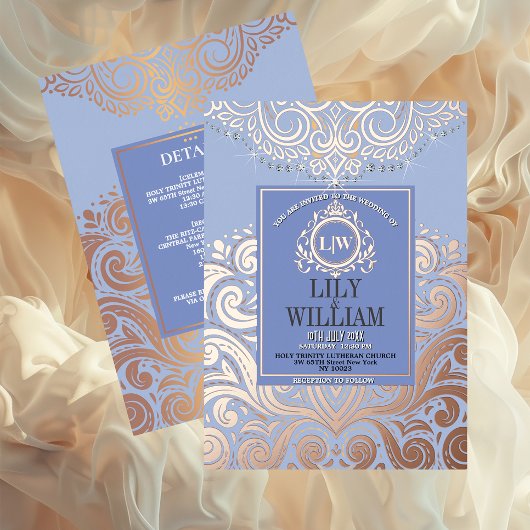 Dusty Blue RoseGold Classic Monogram Boho Wedding Folie Uitnodiging