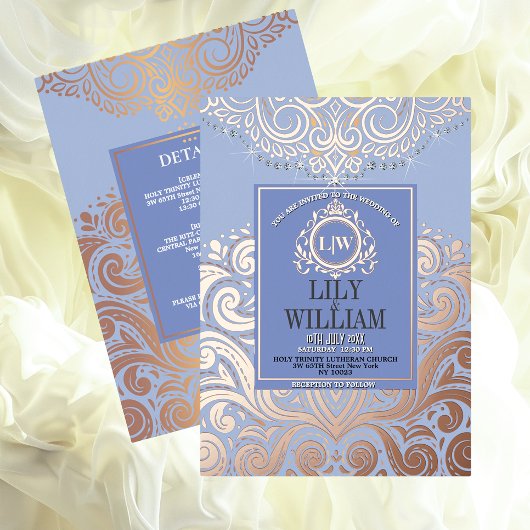 Dusty Blue RoseGold Classic Monogram Boho Wedding Folie Uitnodiging
