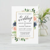 Dusty Blue Roses Calligraphy Wedding Kaart (Staand voorkant)