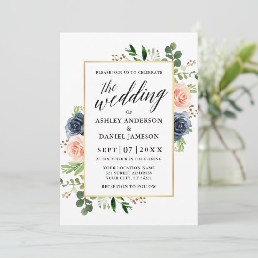 Dusty Blue Roses Calligraphy Wedding Kaart (Staand voorkant)