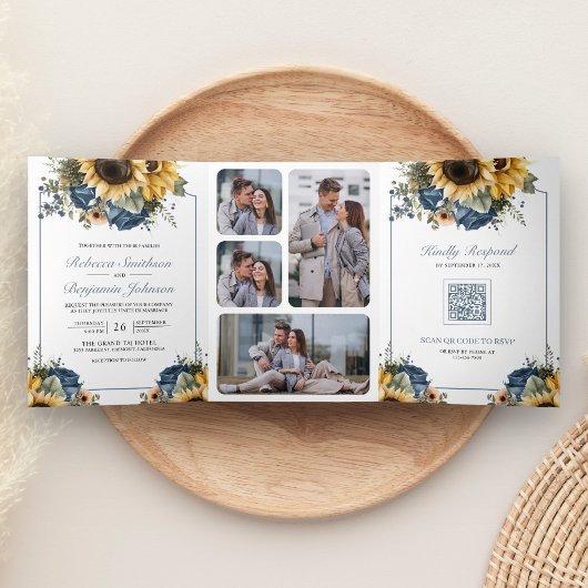 Dusty Blue Roses Sunflowers Photo QR Code Wedding Drieluik Uitnodiging
