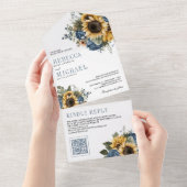 Dusty Blue Roses Sunflowers QR Code Wedding All In One Uitnodiging (Afscheurbaar)