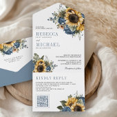 Dusty Blue Roses Sunflowers QR Code Wedding All In One Uitnodiging