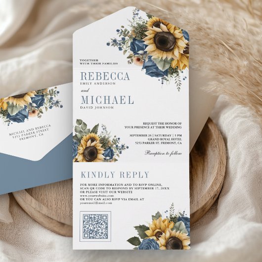 Dusty Blue Roses Sunflowers QR Code Wedding All In One Uitnodiging