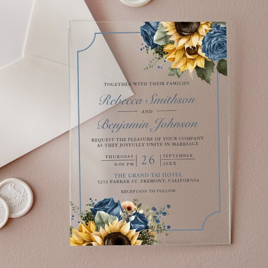 Dusty Blue Roses Sunflowers Wedding Acryl Uitnodigingen