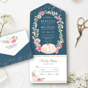 Dusty Blue Roses White Pumpkin Weddenschap All In One Uitnodiging