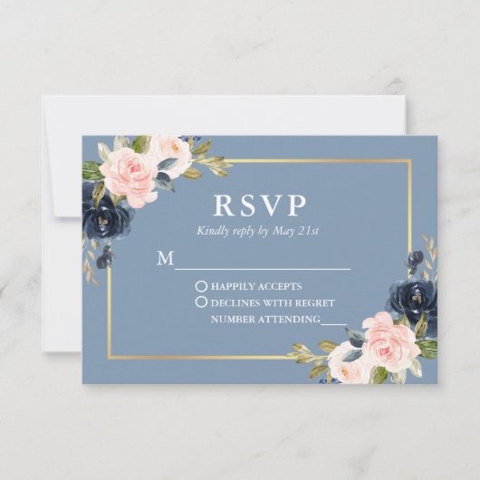 Dusty Blue Roze Blush Floral Gold Wedding RSVP Kaartje (Voorkant)